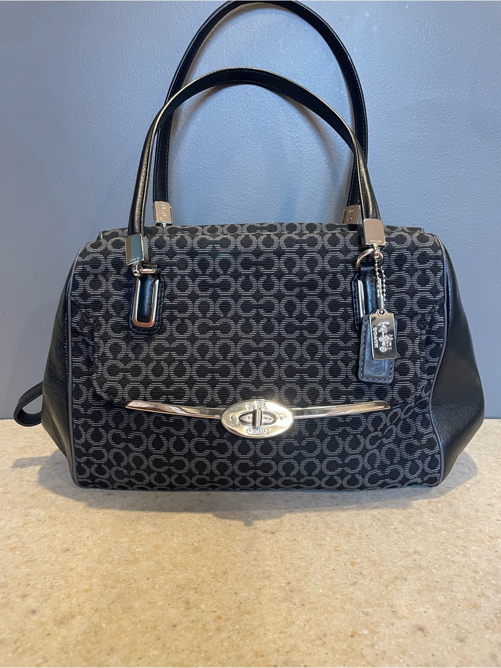 COACH Madison Madeline Purse Bag Logo Op Art Leather Canvas East West Turnlock